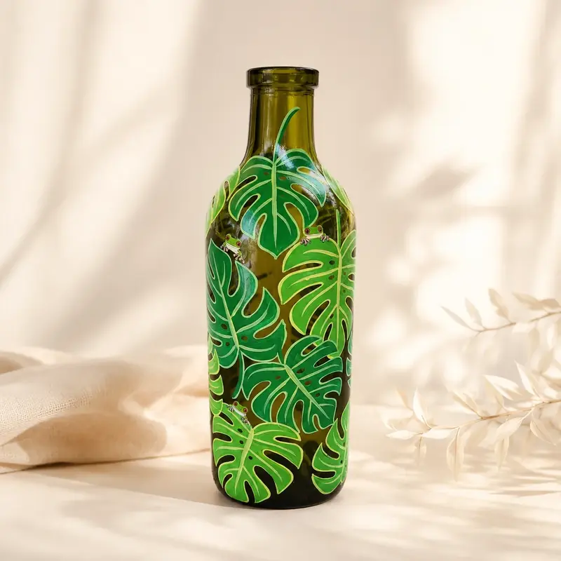Handpainted Leaf Bottle Art by TanuArtVibes Studio