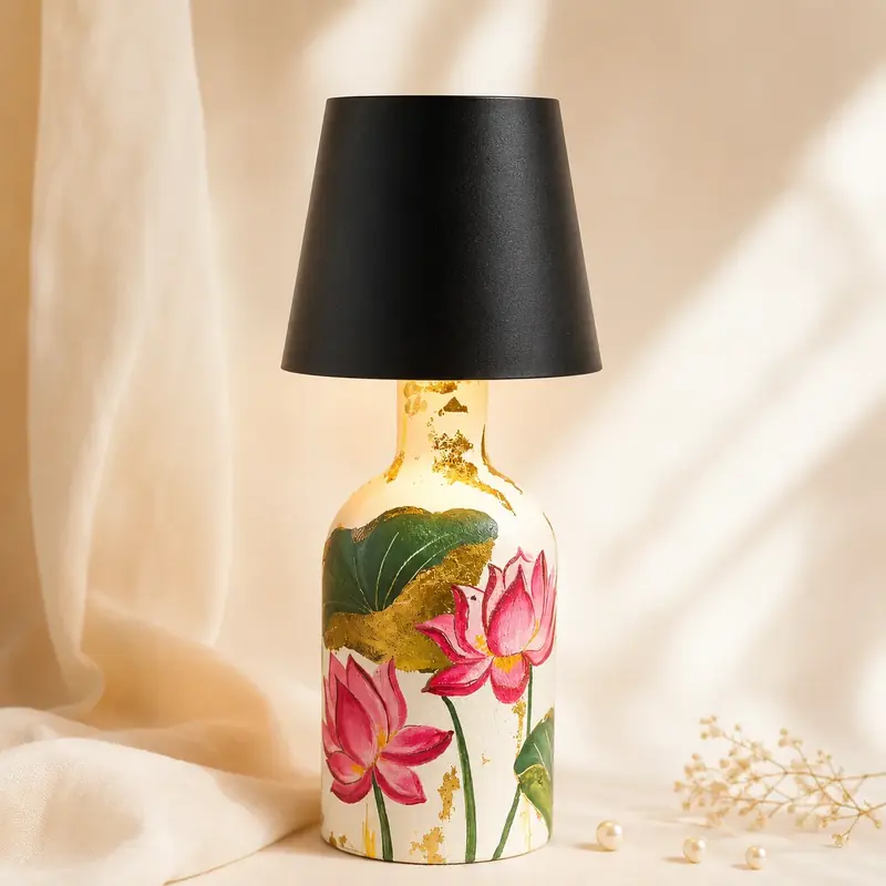 Handpainted Lotus Bottle Lamp by TanuArtVibes Studio