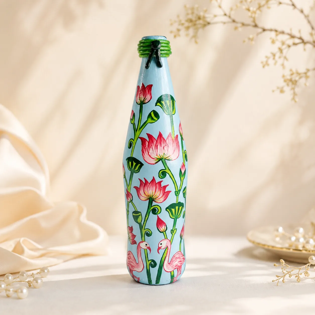 Handpainted Lotus Flamingo Bottle Art by TanuArtVibes Studio