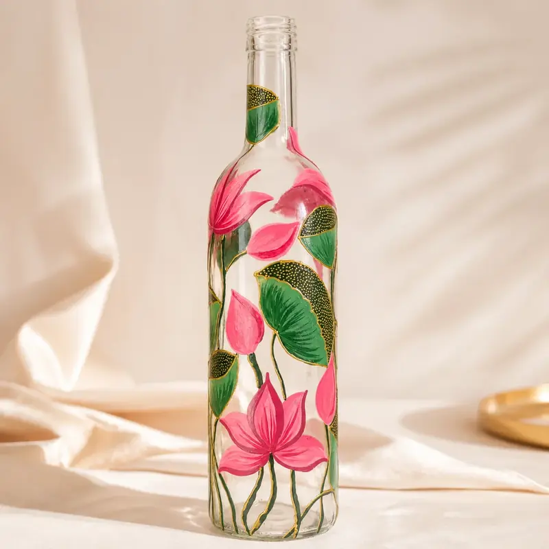 Handpainted Lotus Glass Bottle Art by TanuArtVibes Studio