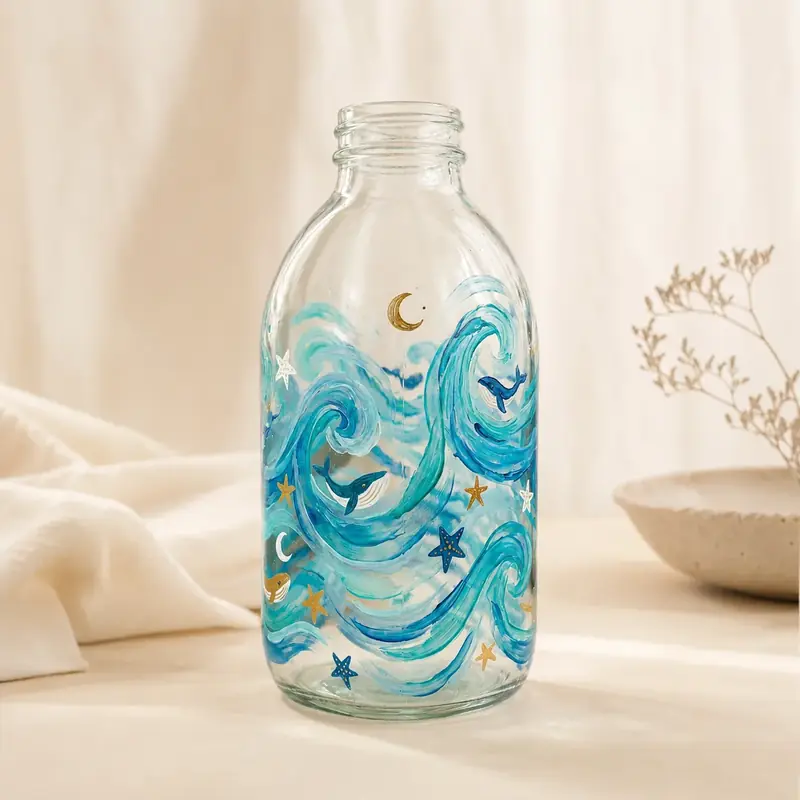 Handpainted Ocean Waves Bottle Art by tanusartvibesstudio