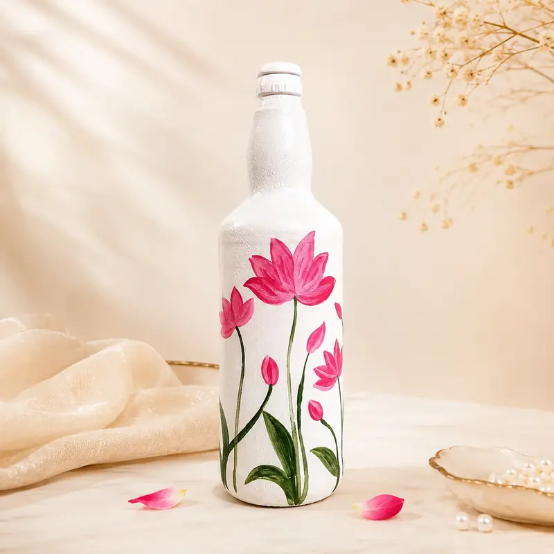 Handpainted Pink Lotus Bottle Art by TanuArtVibes Studio