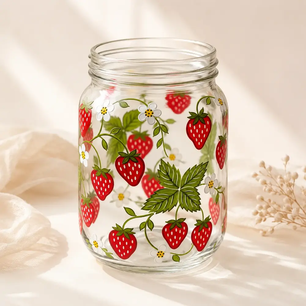 Handpainted Strawberry Glass Jar Bottle Art by tanusartvibesstudio