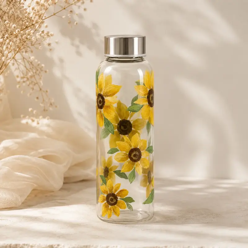 Handpainted Sunflower Glass Bottle Art by tanusartvibesstudio