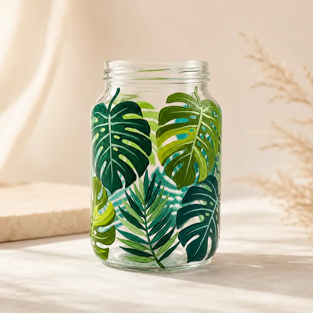 Handpainted Tropical Leaf Glass Jar Ar by TanuArtVibes Studio