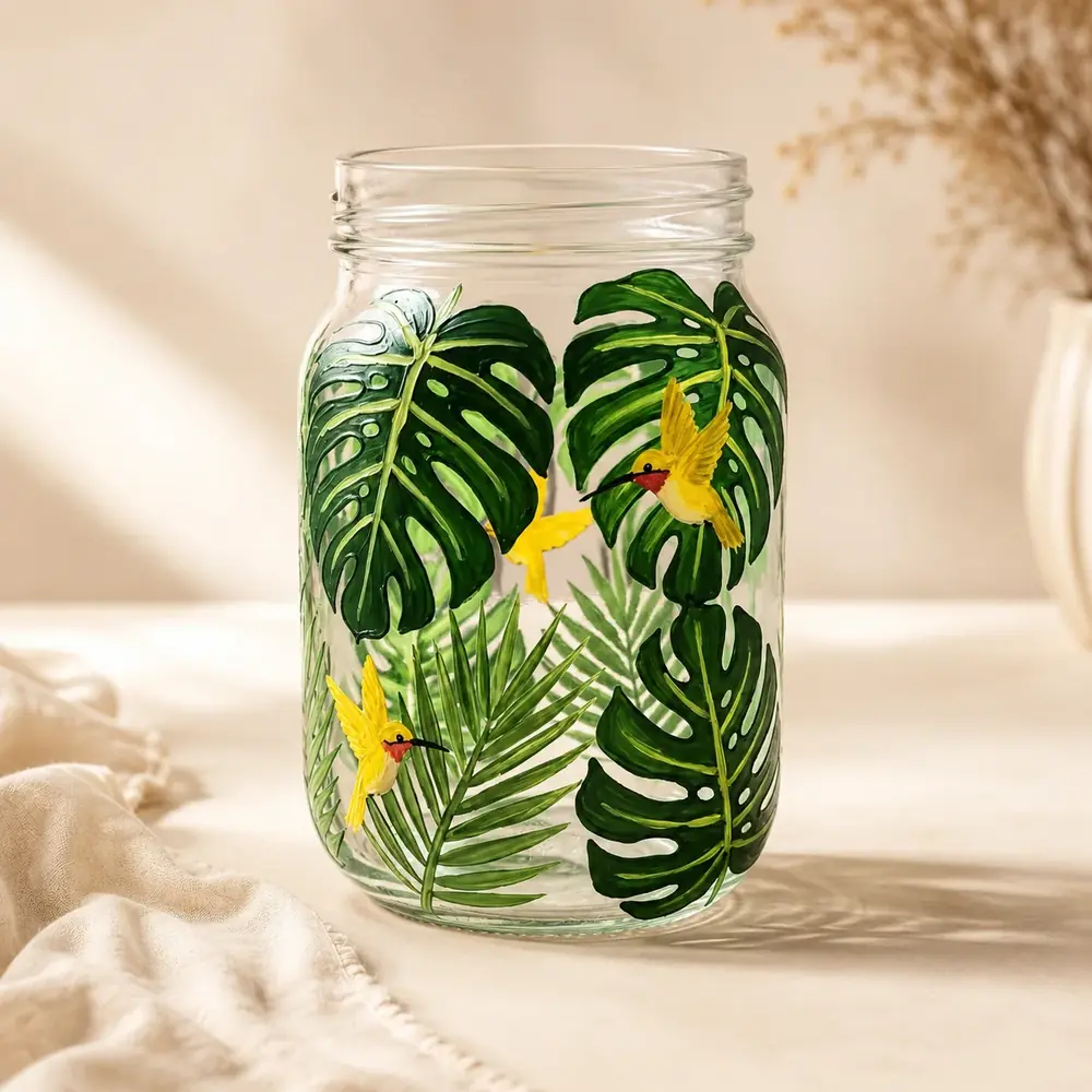Handpainted Tropical Leaves Bottle Art by tanusartvibesstudio