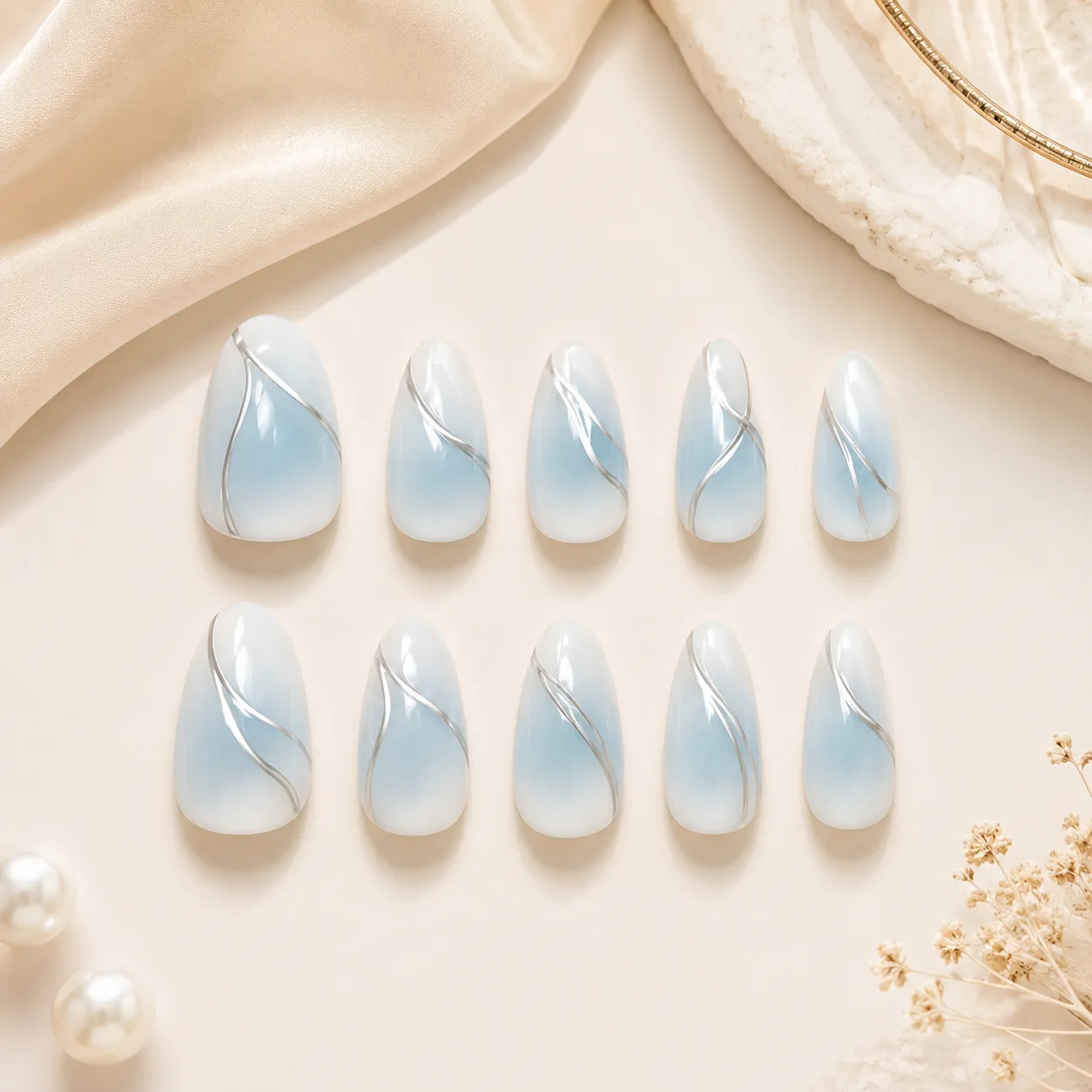 Ice Blue Minimalist Luxury Press On Nails by tanusartvibesstudio