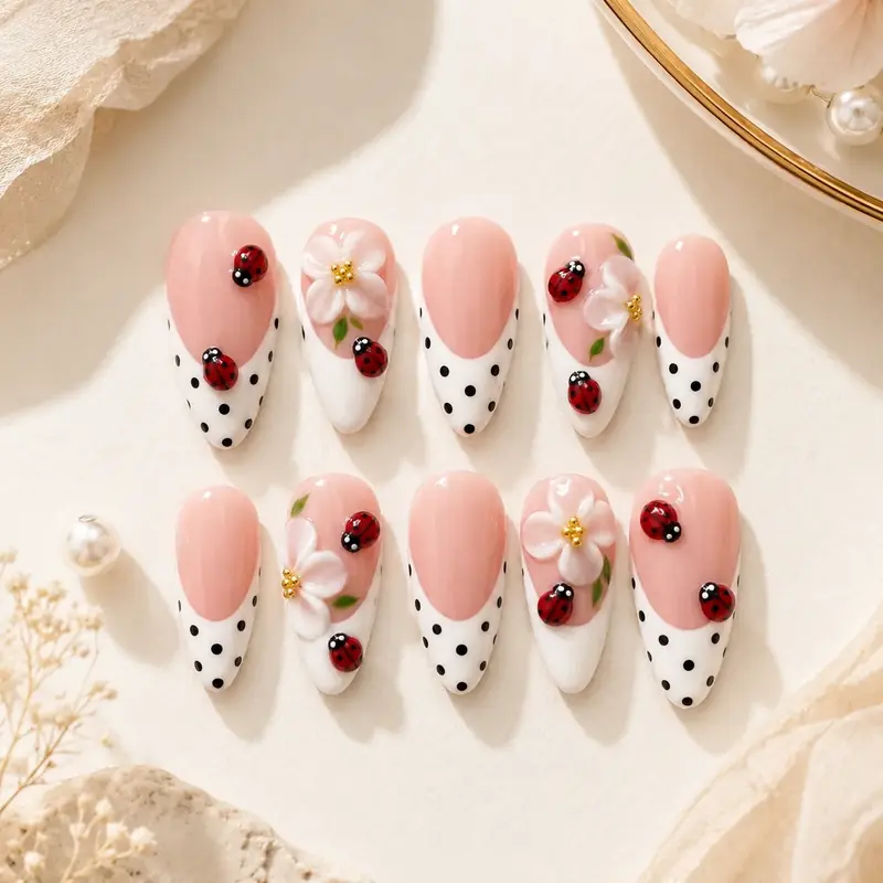 Ladybug Blossom French Press On Nails by TanuArtVibes Studio