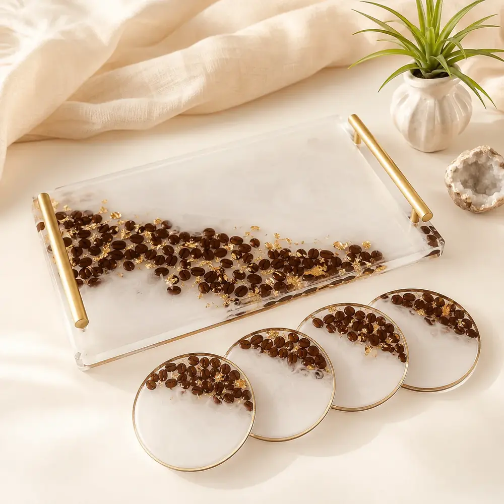 Luxury Coffee Bean Resin Serving Tray & Coaster Set by TanuArtVibes Studio