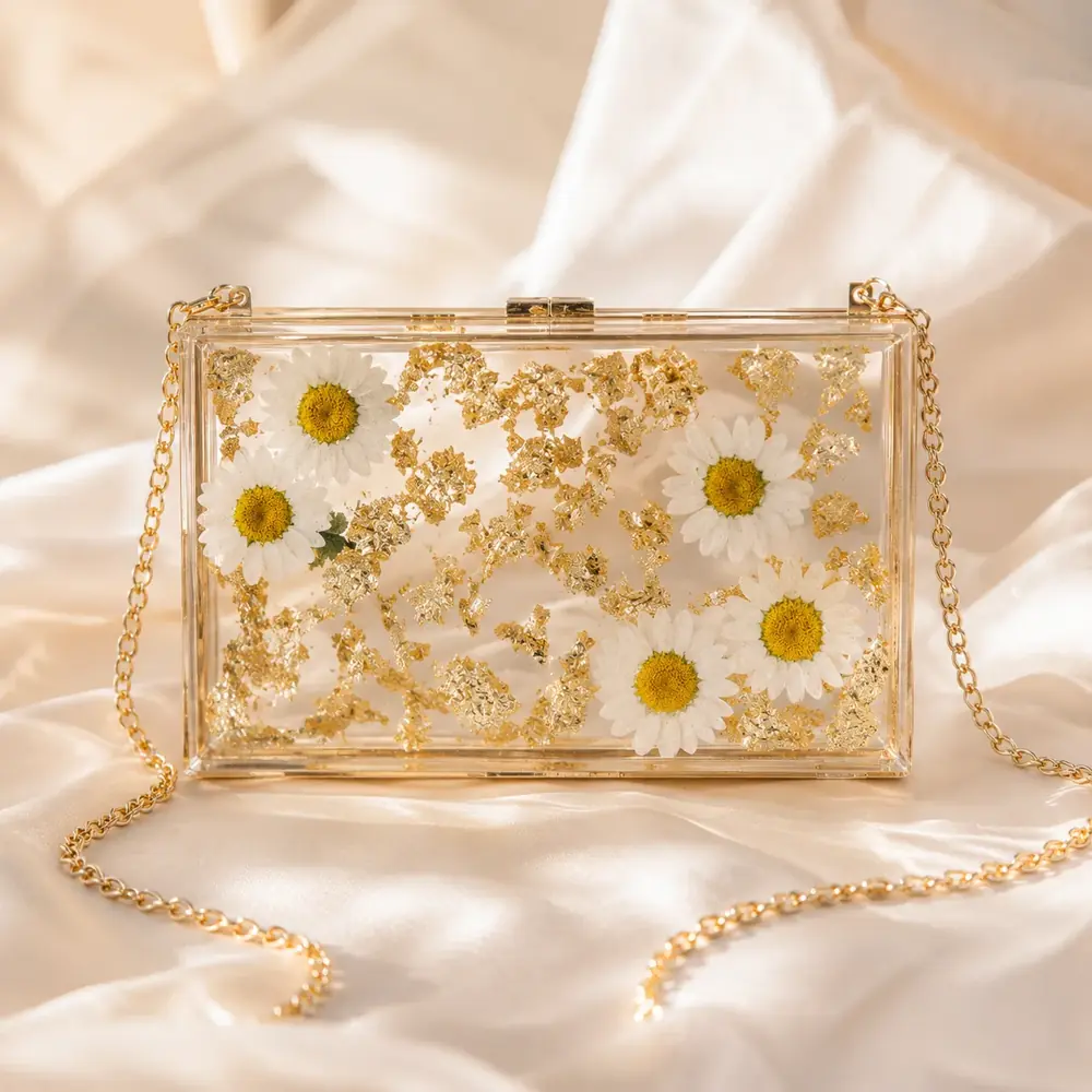 Luxury Daisy Resin Clutch Bag – Premium Floral Acrylic Handbag by TanuArtVibes Studio