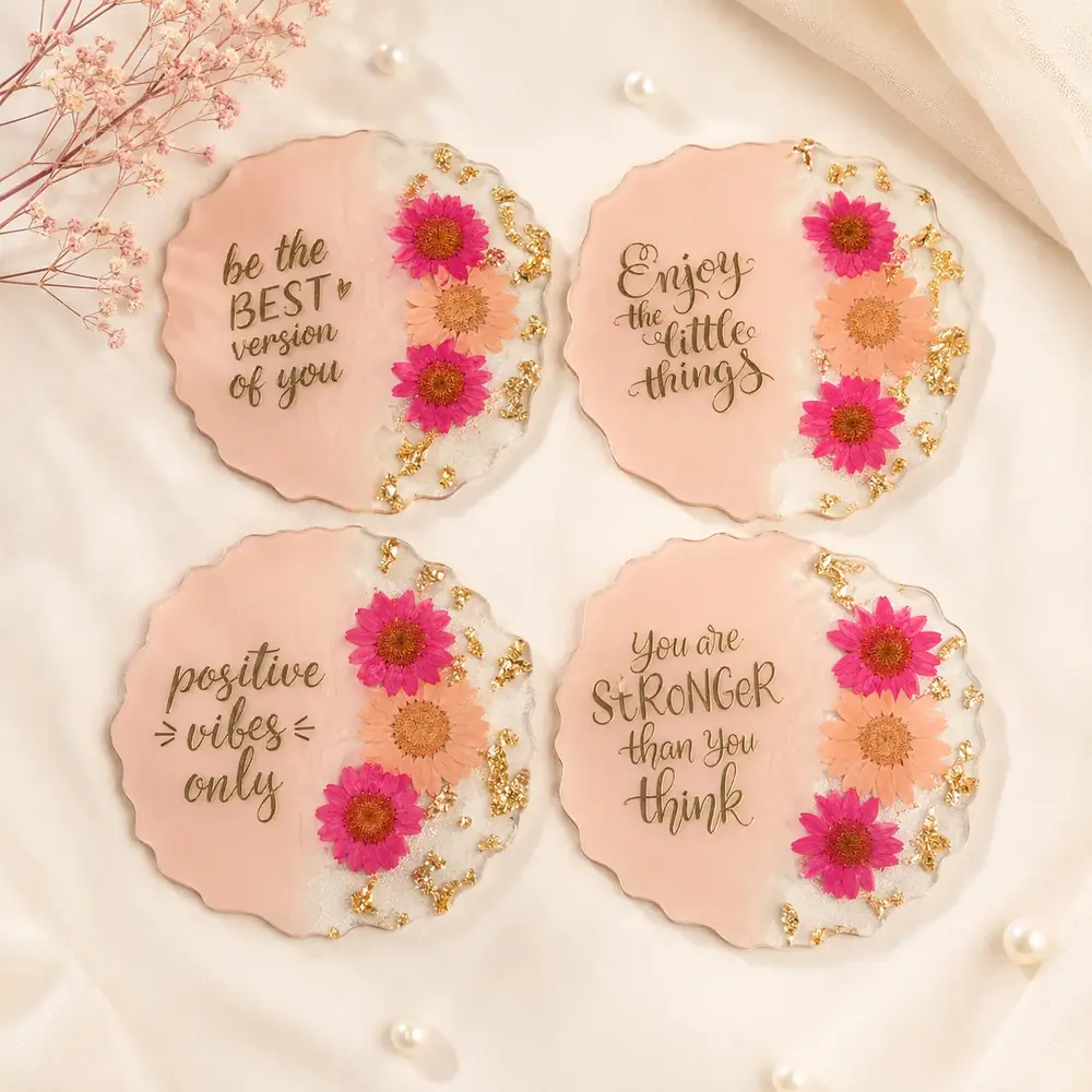 Luxury Floral Resin Coaster Set – Inspirational Handmade Drink Coasters (Set of 4) by TanuArtVibes Studio
