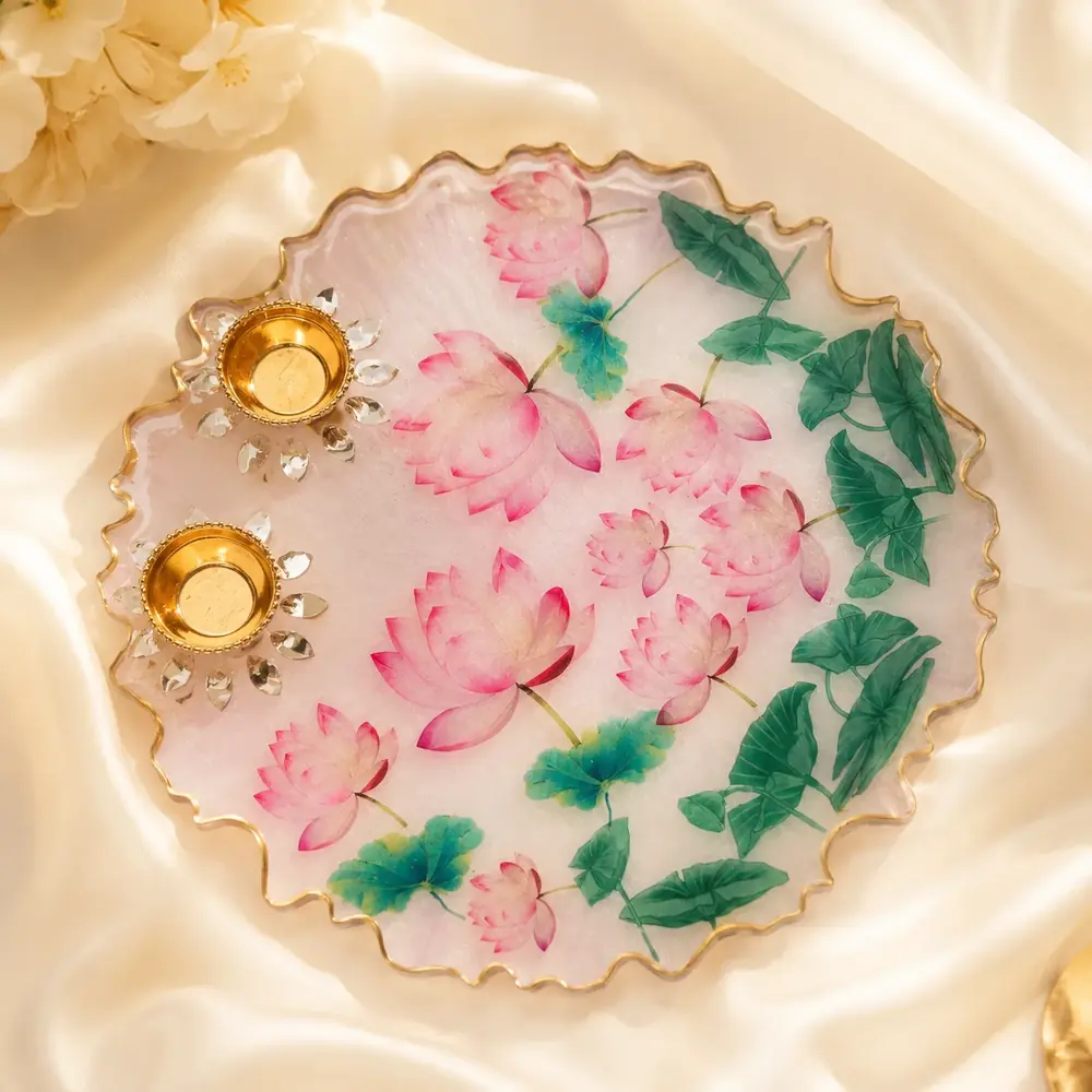 Luxury Lotus Resin Pooja Thali with Diya Holders by TanuArtVibes Studio