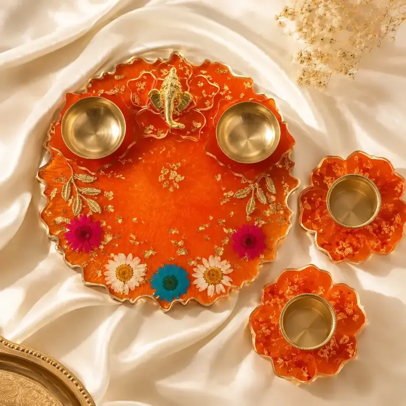 Luxury Orange Resin Pooja Thali Set – Ganesh Blessings Edition by TanuArtVibes Studio