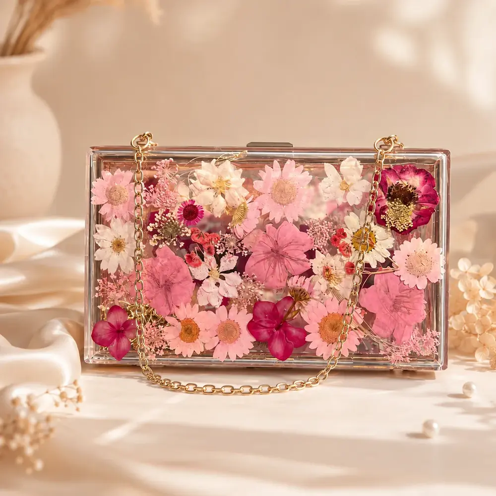 Luxury Pink Floral Resin Clutch Bag – Handmade Pressed Flower Evening Purse by tanusartvibesstudio