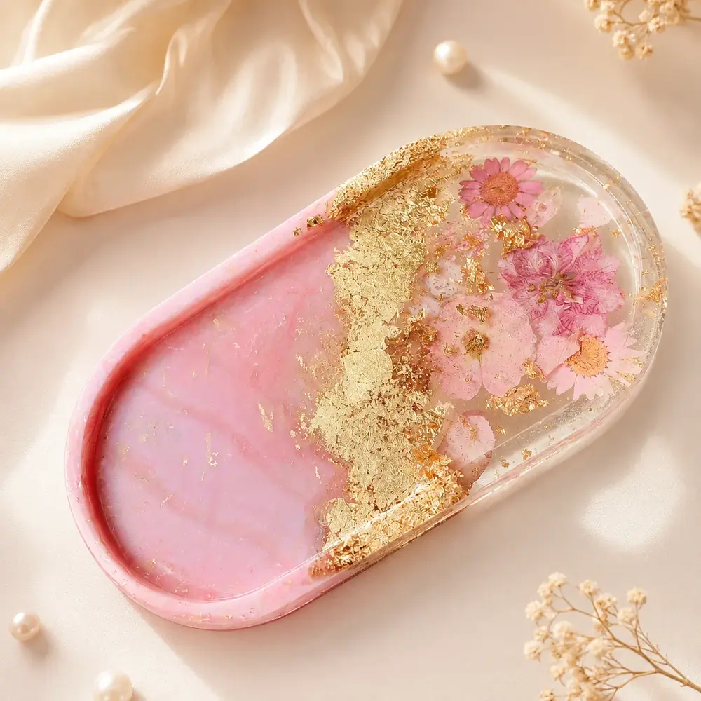 Luxury Pink Floral Resin Trinket Tray – Handmade Jewelry Organizer by TanuArtVibes Studio
