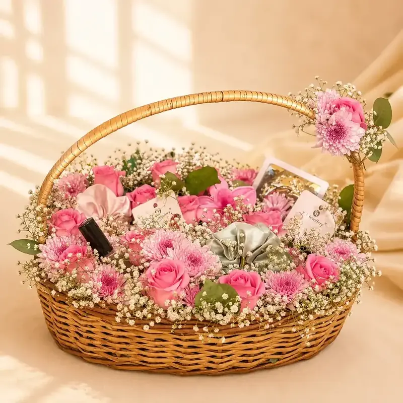Luxury Pink Real Flower Gift Hamper Basket by TanuArtVibes Studio