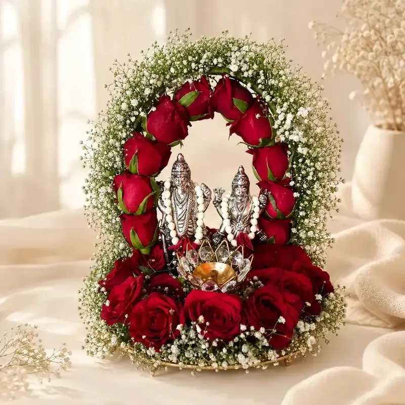 Luxury Red Rose Kankupagla Tray with Radha Krishna by TanuArtVibes Studio