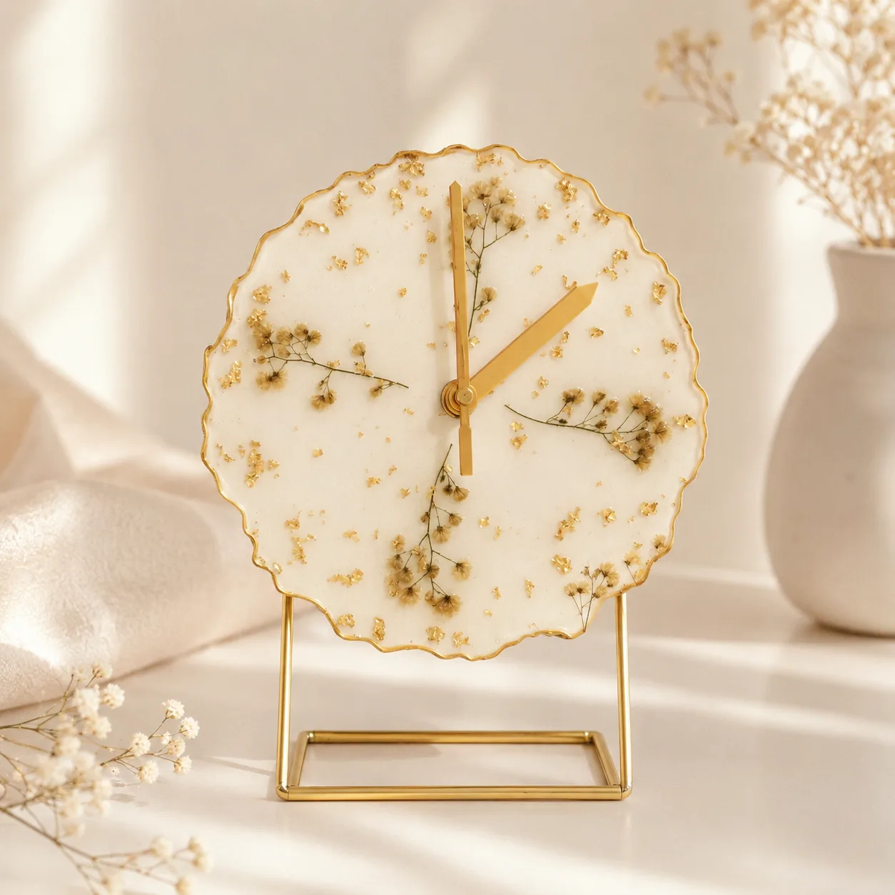 Minimalist flower preserved Resin Table Clock by TanuArtVibes Studio