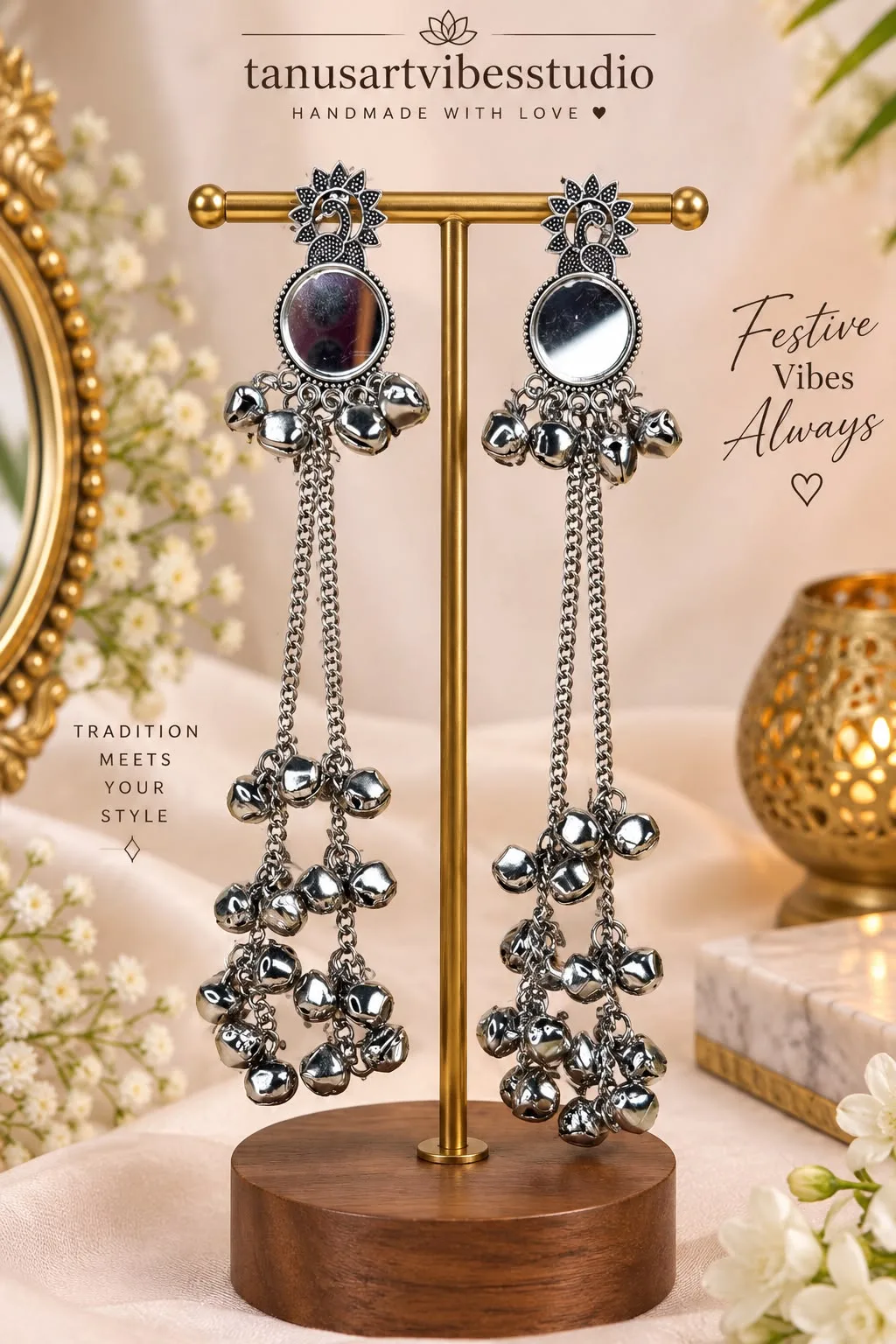 Navratri Mirror Ghungroo Long Earrings – Oxidised Silver Festive Earrings by tanusartvibesstudio