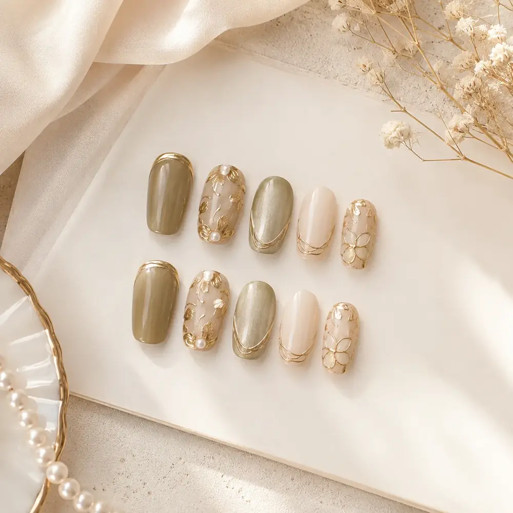 Olive Gold Blossom Luxury Press On Nails by TanuArtVibes Studio