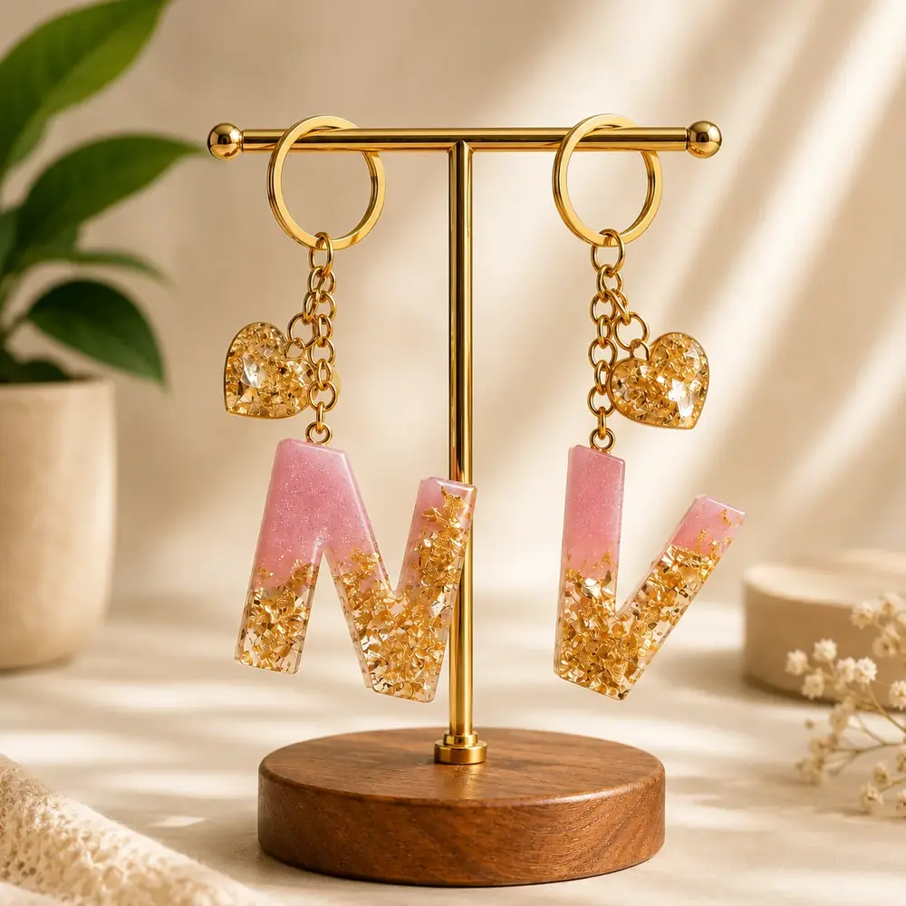 Personalized Pink Resin Initial Keychain with Heart Charm by TanuArtVibes Studio
