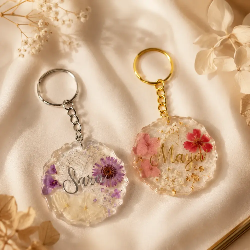 Personalized Pressed Flower Resin Name Keychain by TanuArtVibes Studio