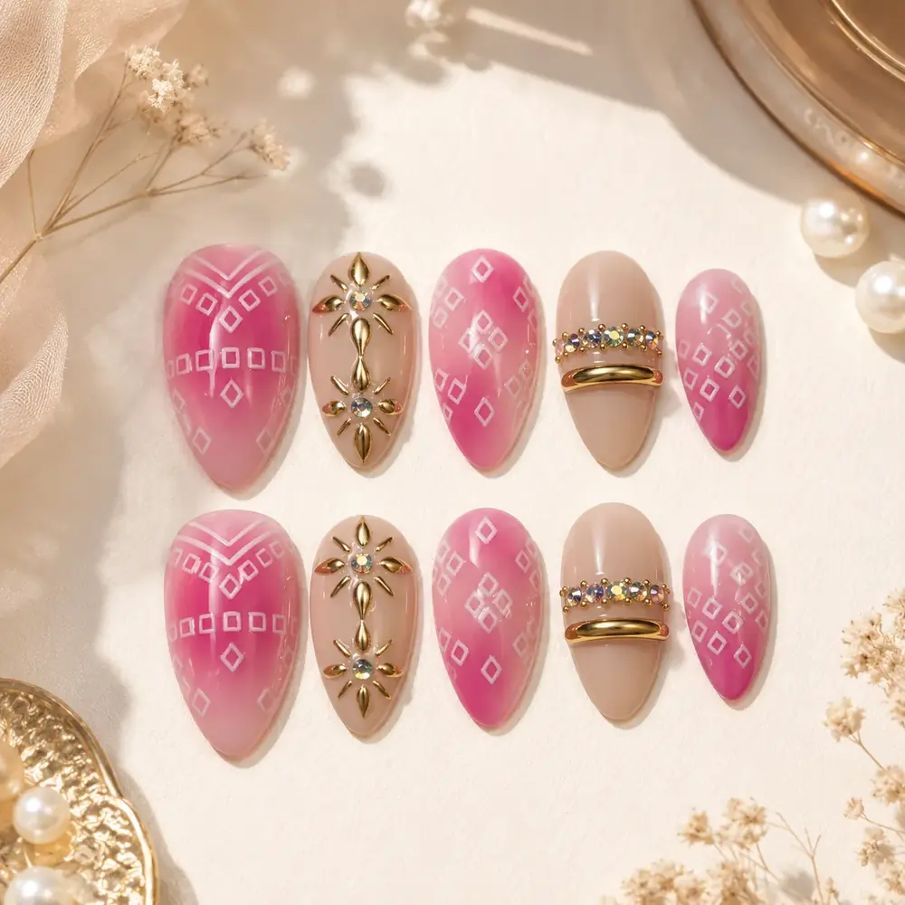 Pink Bandhani Royal Press On Nails by TanuArtVibes Studio