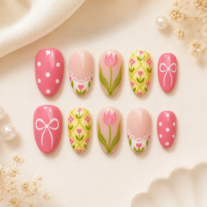 Pink Tulip Garden Press On Nails by TanuArtVibes Studio