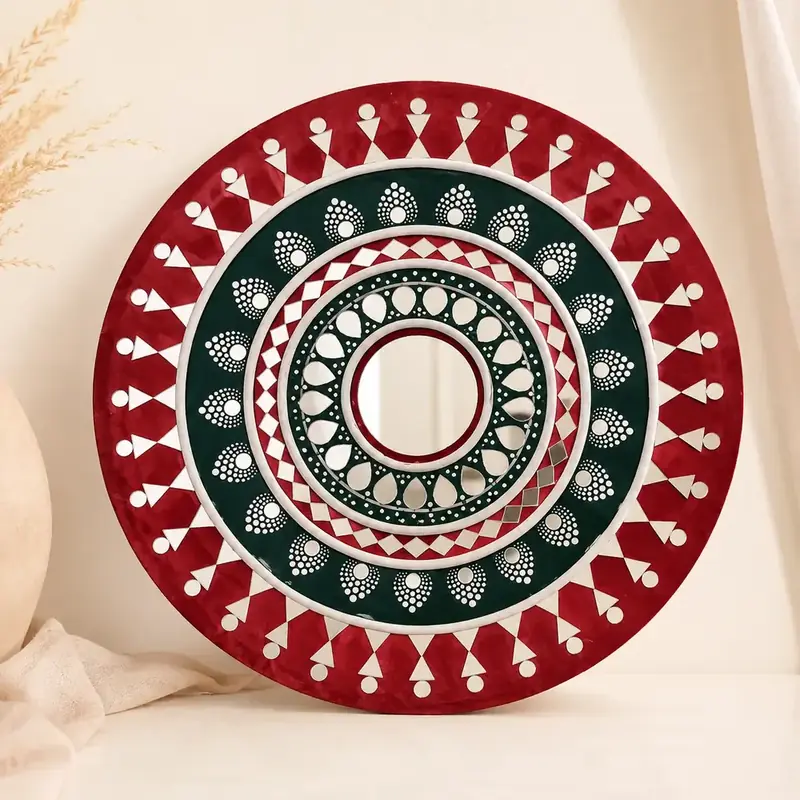 Red Green Round Mirror Lippan Art Wall Decor by tanusartvibesstudio