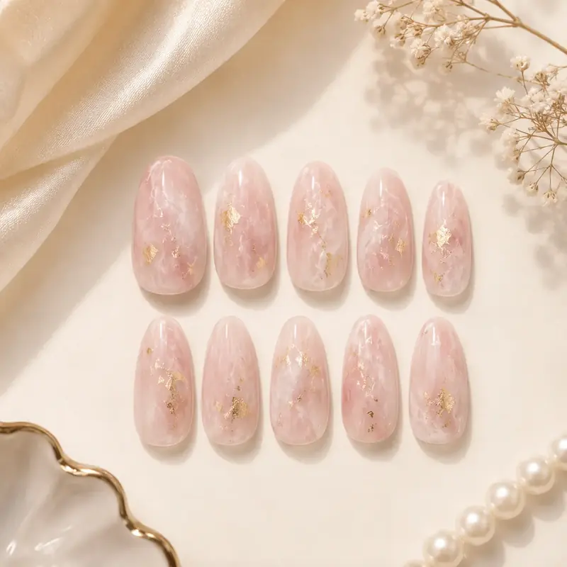 Rose Quartz Gold Foil Press-On Nails by TanuArtVibes Studio