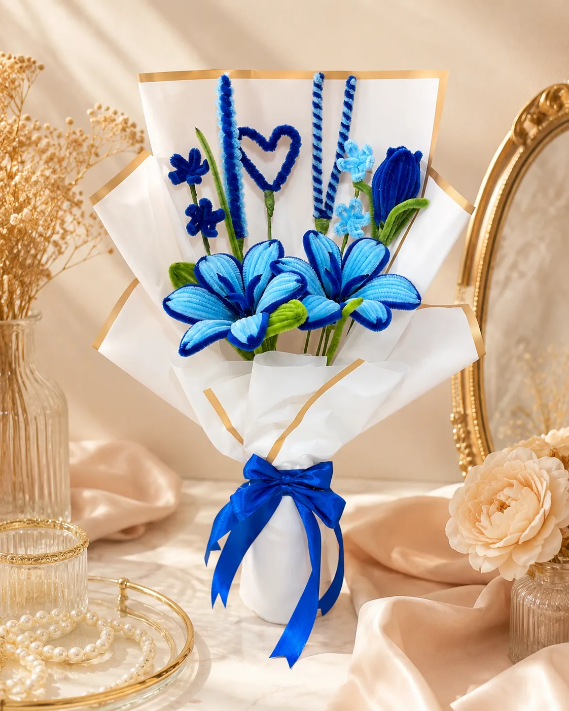 Royal Blue Handmade Pipe Cleaner Flower Bouquet by TanuArtVibes Studio