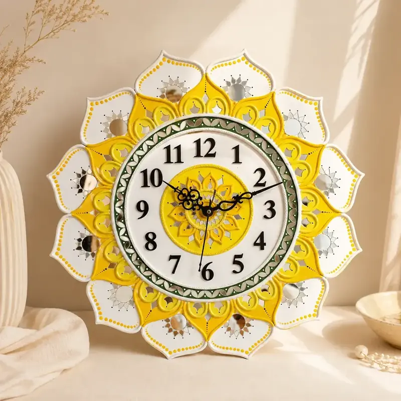 Yellow Floral Lippan Art Clock by TanuArtVibes Studio