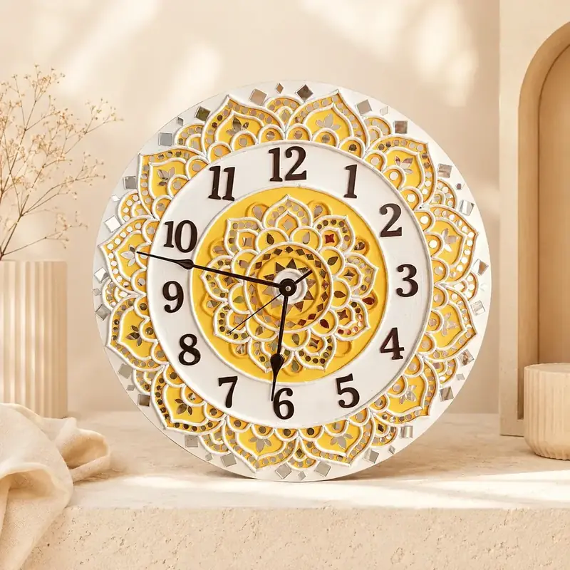 Yellow Mandala Lippan Art Wall Clock by TanuArtVibes Studio