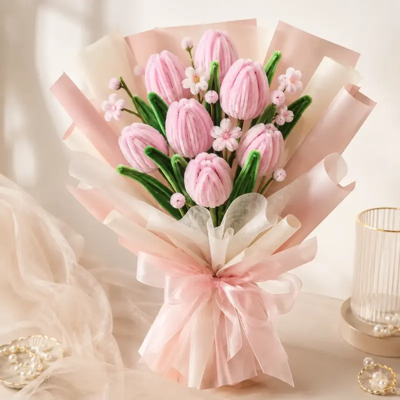 Pink Tulip Pipe Cleaner Bouquet by TanuArtVibes Studio