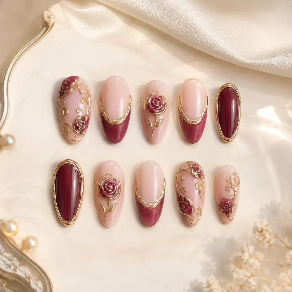 Royal Rose Burgundy Luxury Press On Nails by TanuArtVibes Studio