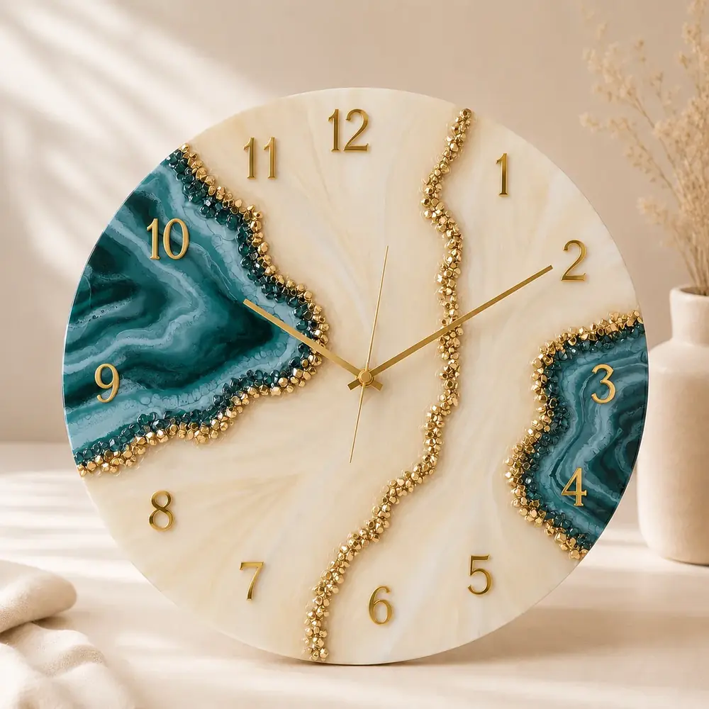 Luxury Geode Resin Wall Clock – Emerald & Gold Collection by TanuArtVibes Studio