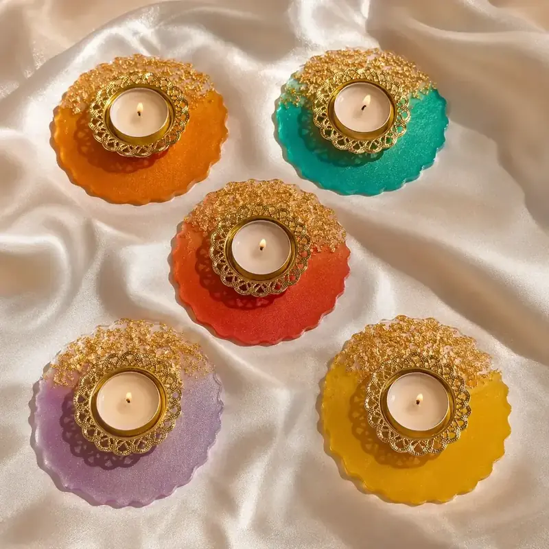 Luxury Resin Tealight Candle Holder Set – Multicolor Gold Edition by tanusartvibesstudio