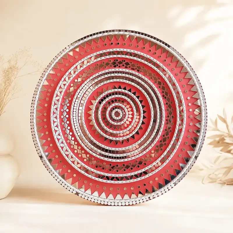 red Mirror Lippan Art Wall Decor by TanuArtVibes Studio